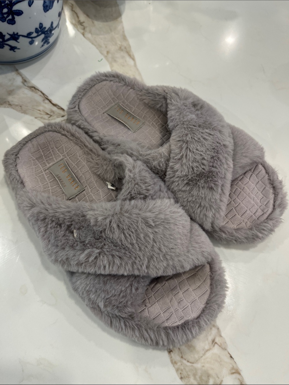 Ted Baker Faux Fur Crisscross Slide Slippers in Light Grey/ Lilac colour